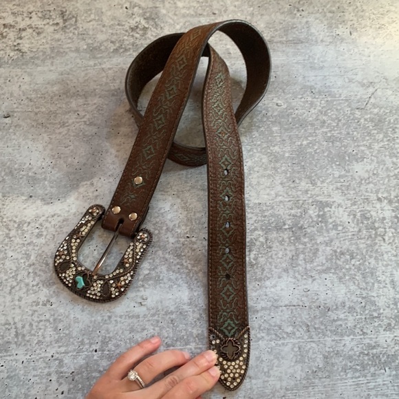 Western Cowboy Cowgirl Southwest Leatherwork Embellished Buckle Crystal Belt M